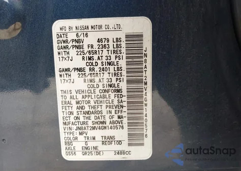 2016 Nissan Rogue Sv из США, поврежденный, VIN JN8AT2MV4GW140576